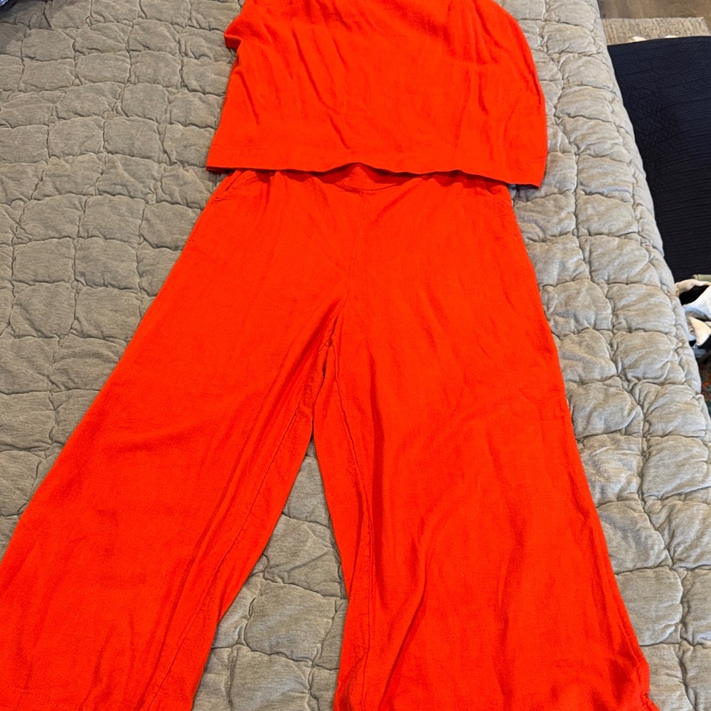 Free People Vibrant Orange Knit Wide-Leg Lounge Set